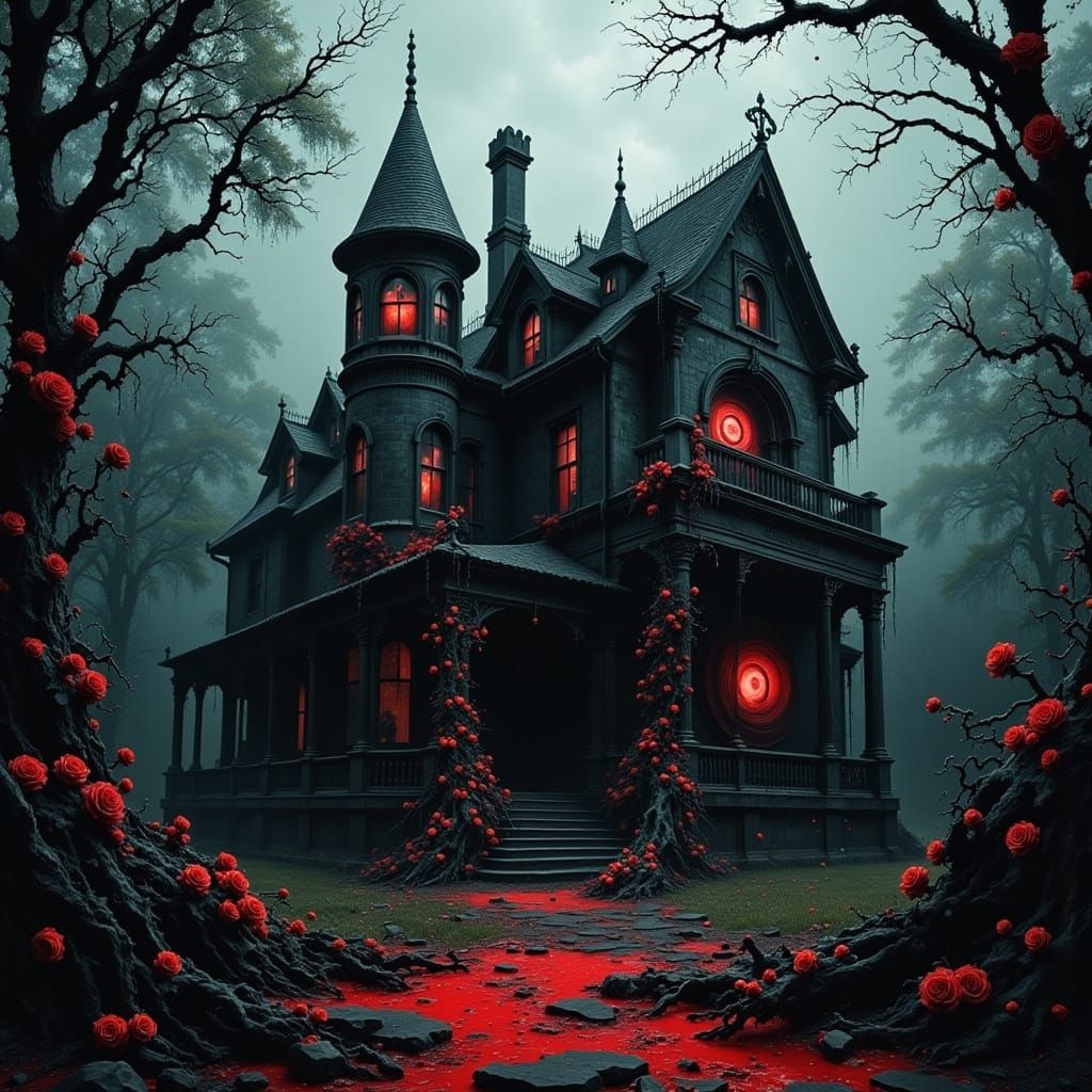 Ominous Gothic Mansion with Glowing Red Eyes