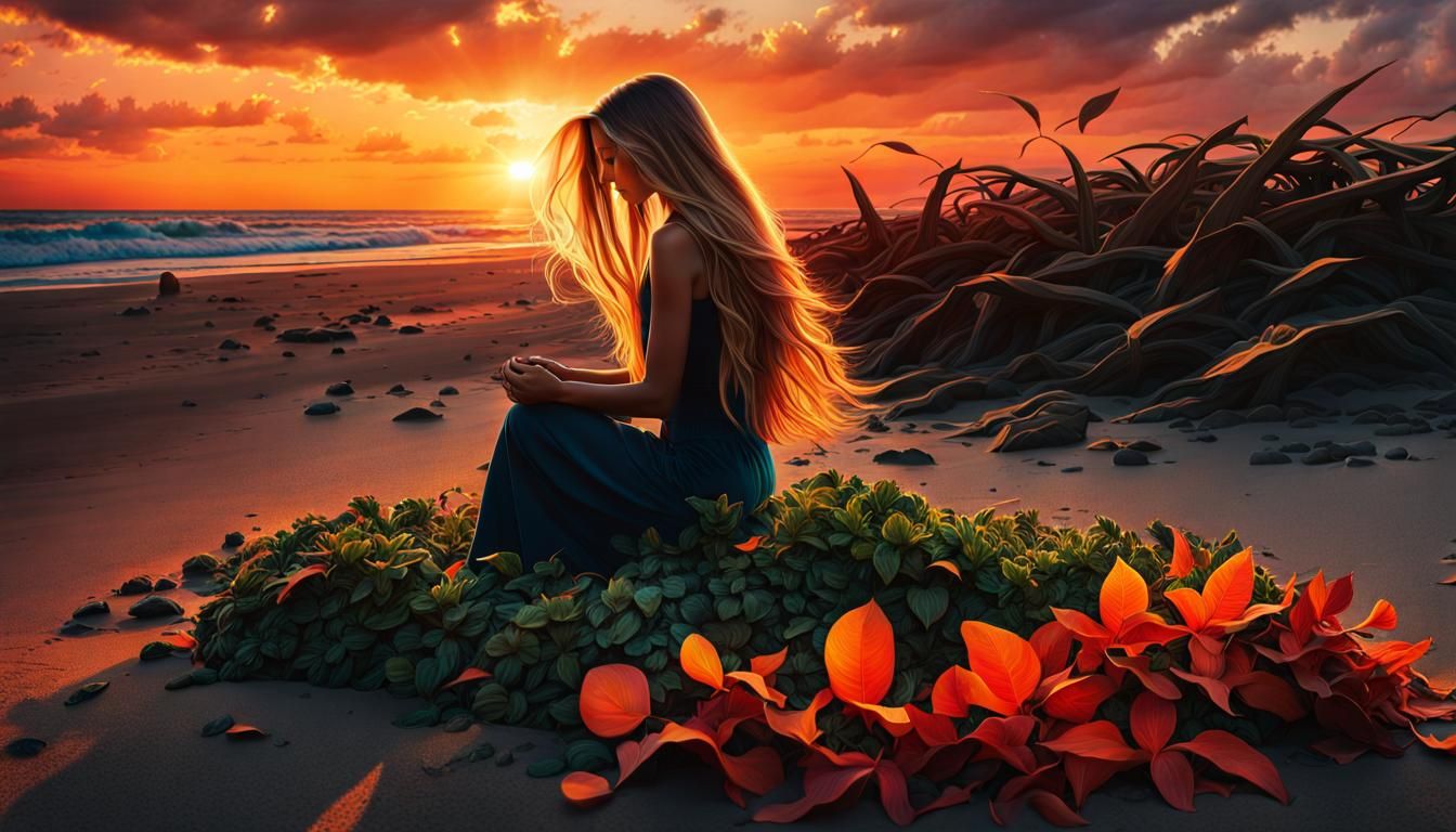 Woman Picking Up Broken Heart at Sunset