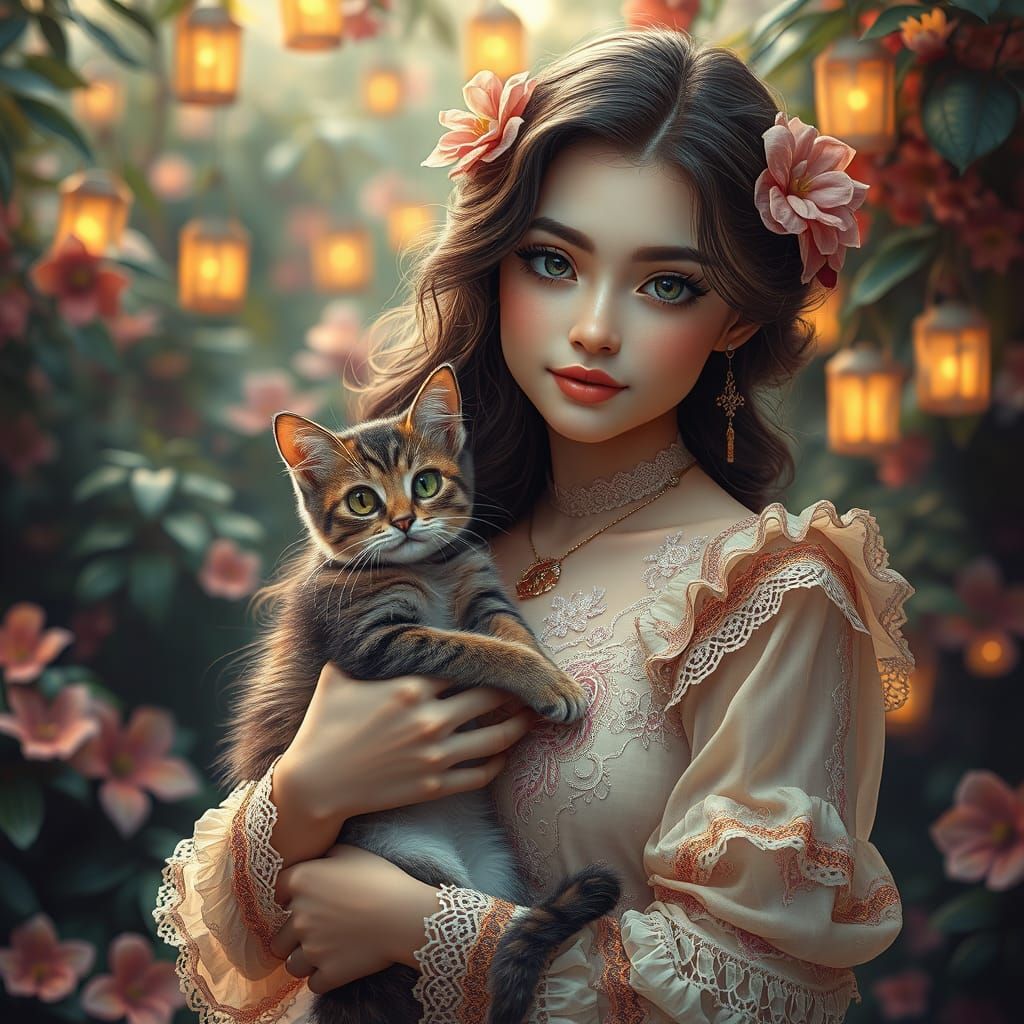 Whimsical Young Woman and Cat in Vibrant Fantastical Realm