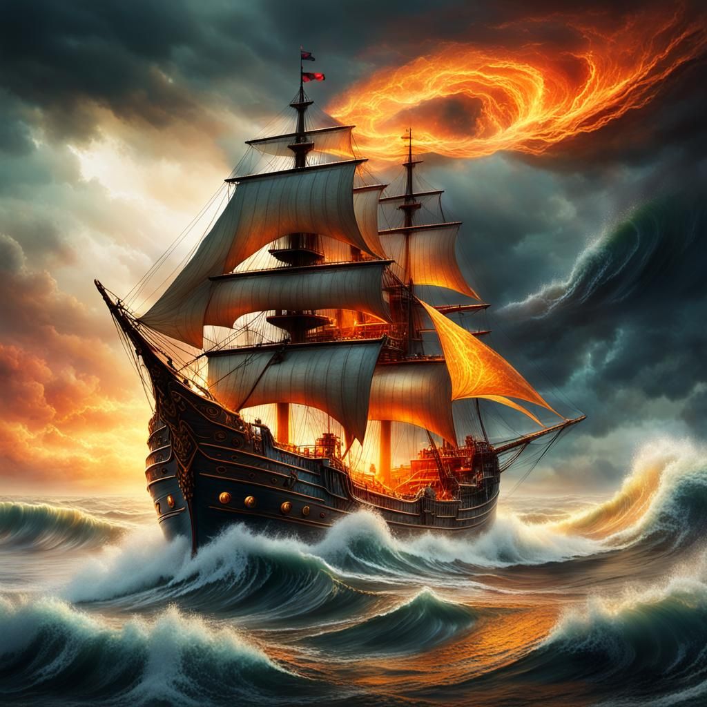 Majestic Ship Navigating Stormy Seas in Ethereal Light
