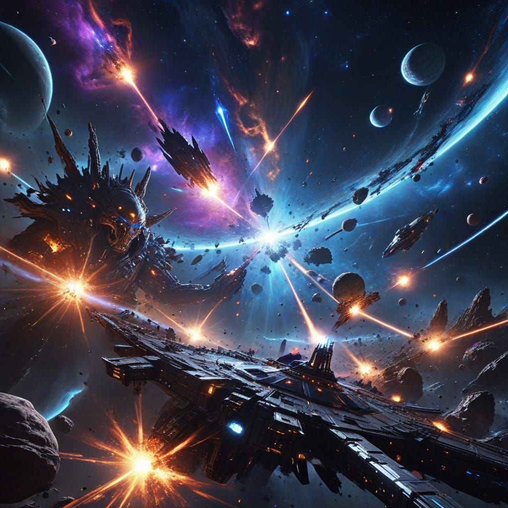Cosmic Battle Between Celestial Beings in Galaxy