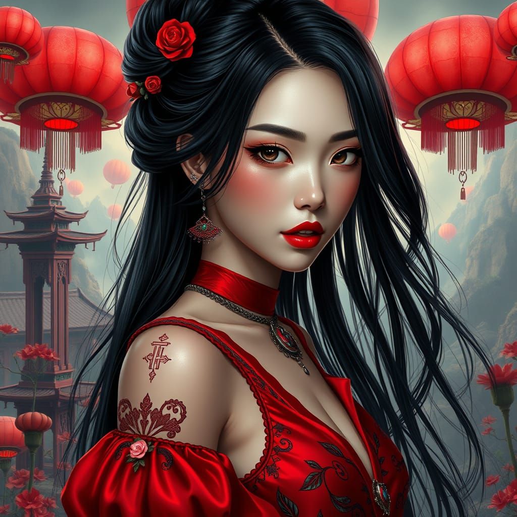 Gothic Asian Woman in Surreal Fantasy Style