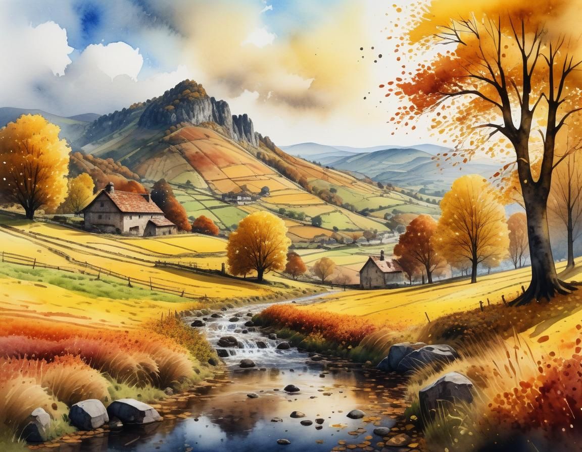 Picturesque Autumn Countryside in Watercolor Style