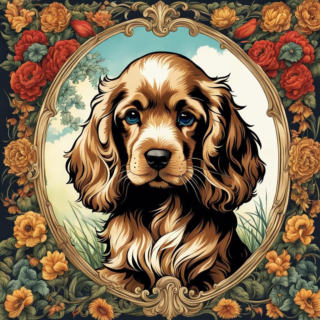 Anime Cocker Spaniel Puppy in Arthur Rackham Style