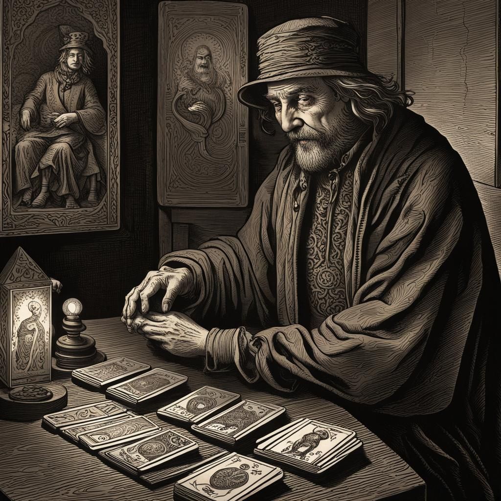Fool Contemplates Fate: Woodblock Tarot Card