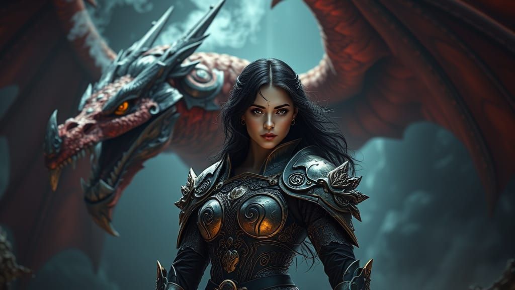 Armored Woman and Dragon in Futuristic Fantasy Style