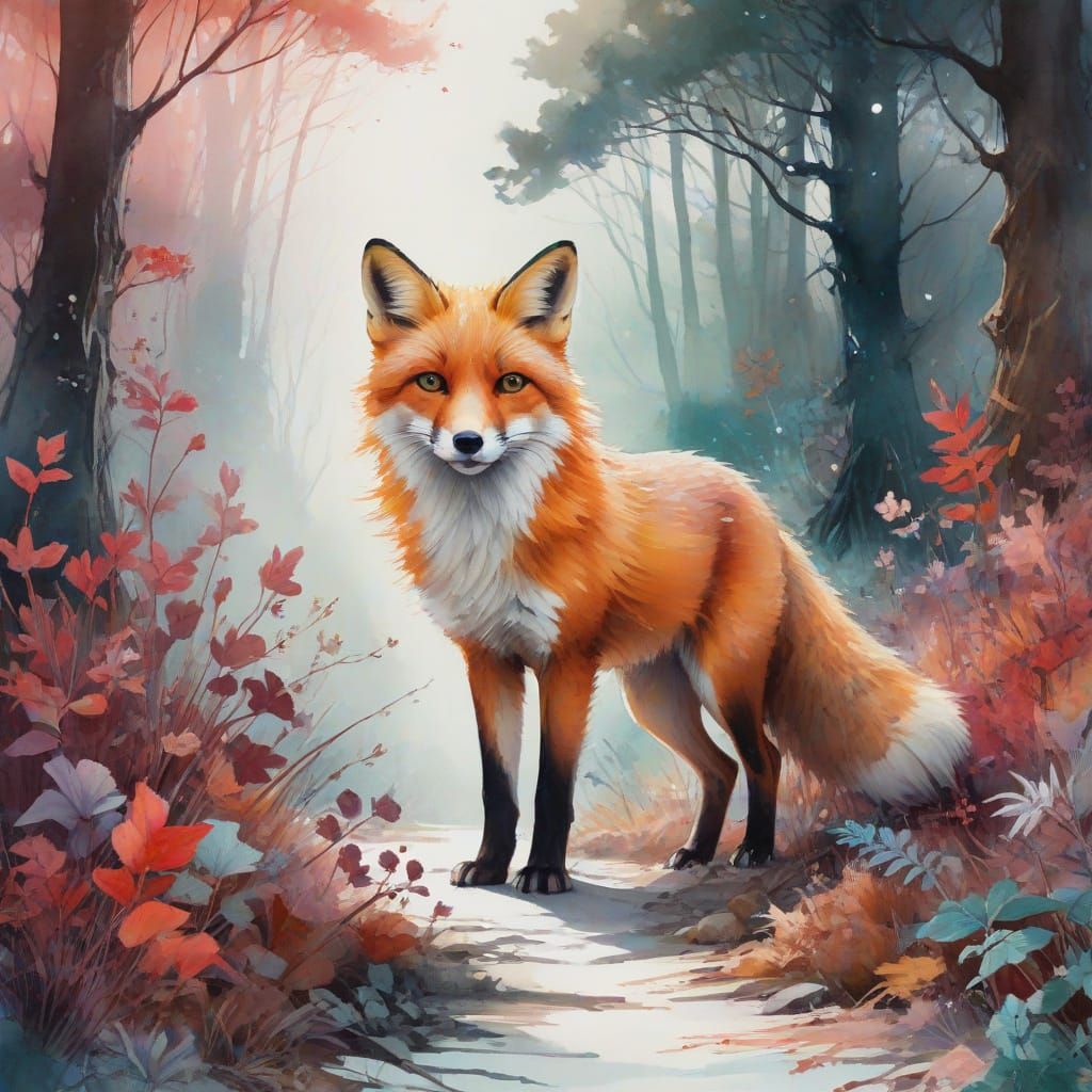 Whimsical Winter Fox in Vibrant Watercolor Splash