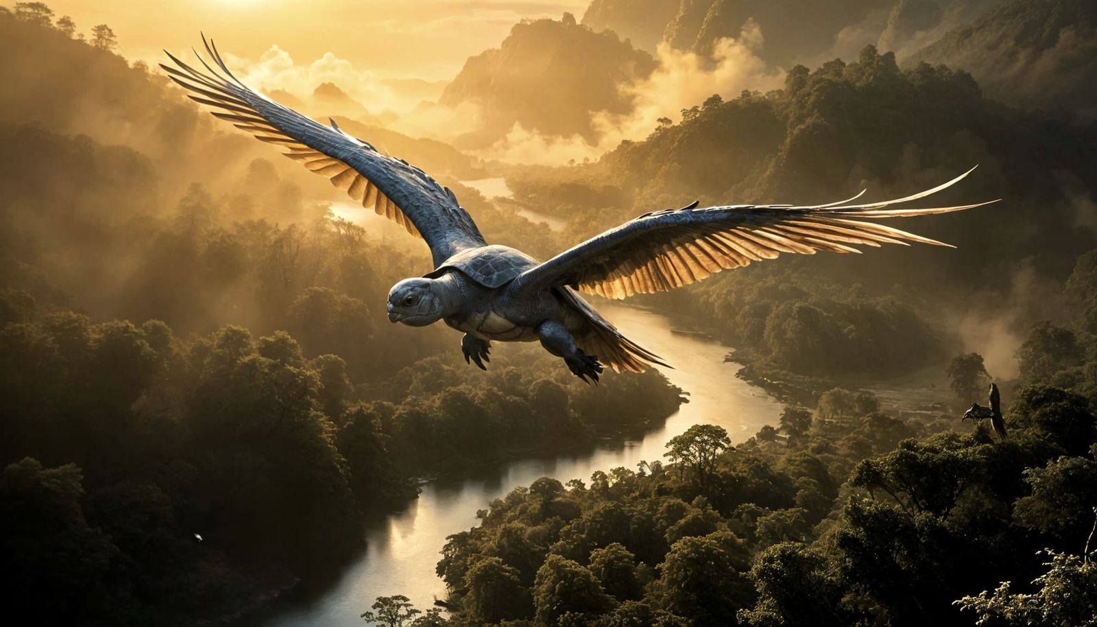 Cyberpunk Turtle-Birds Soar in V Formation