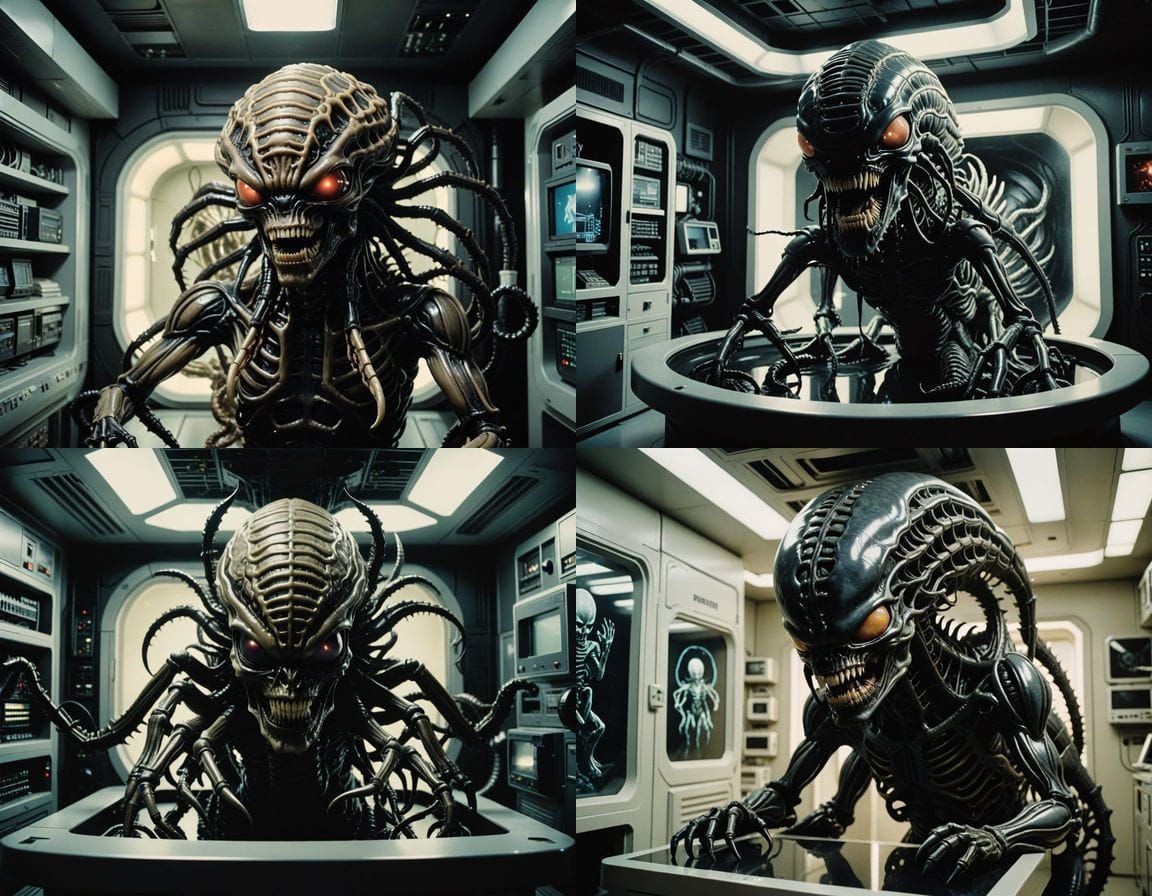 Xenomorph Horror Scene in 80s Polaroid Style