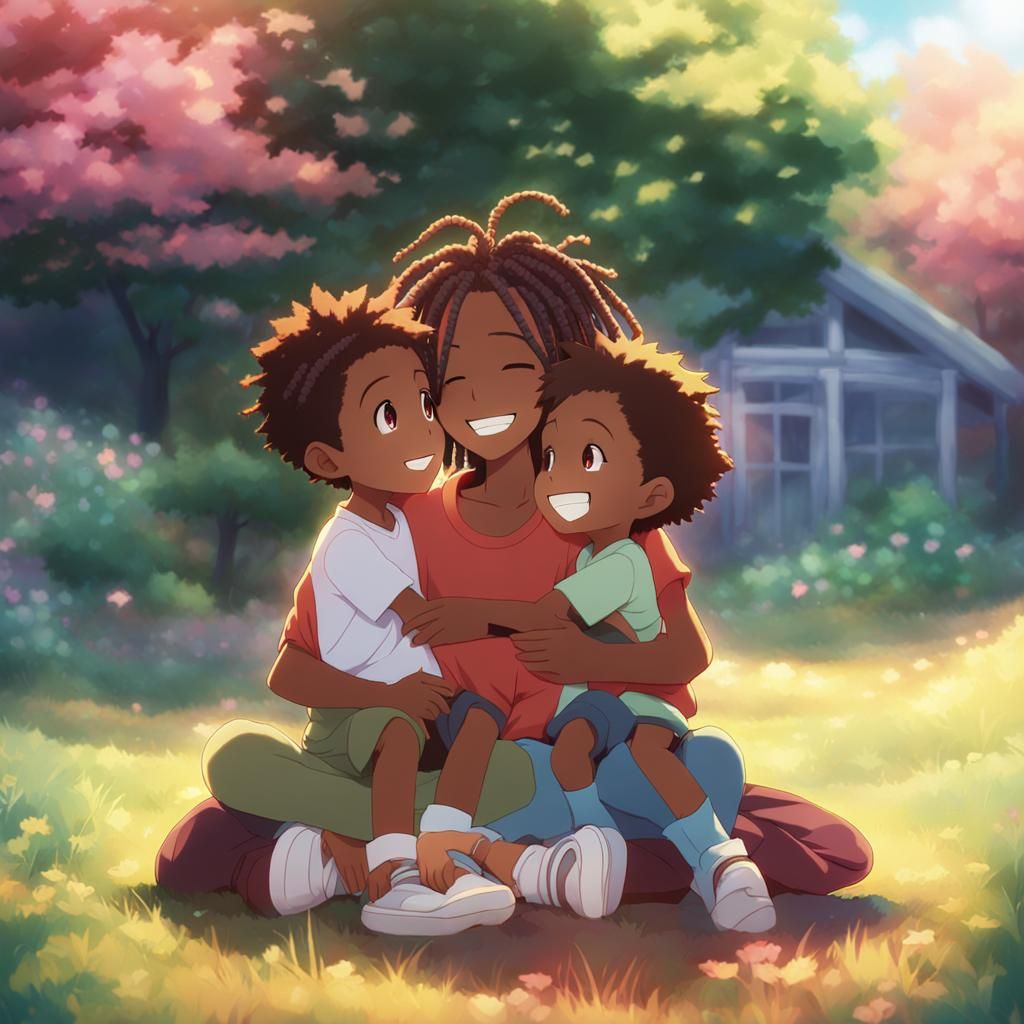 Anime Style: Two Boys Hugging Their Mother