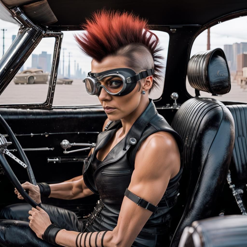 Post-Apocalyptic Mohawk Driver in Muscle Car