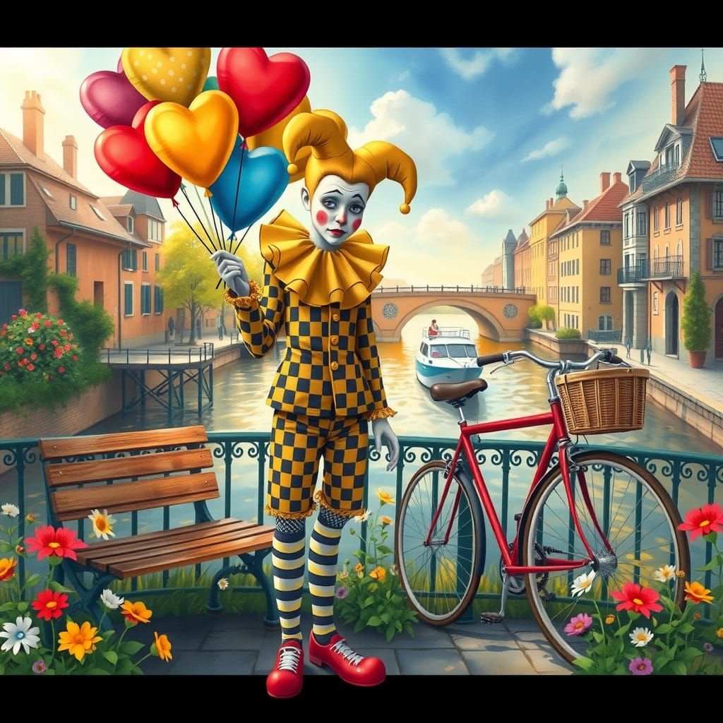 Sad Jester with Balloons in Whimsical Watercolour
