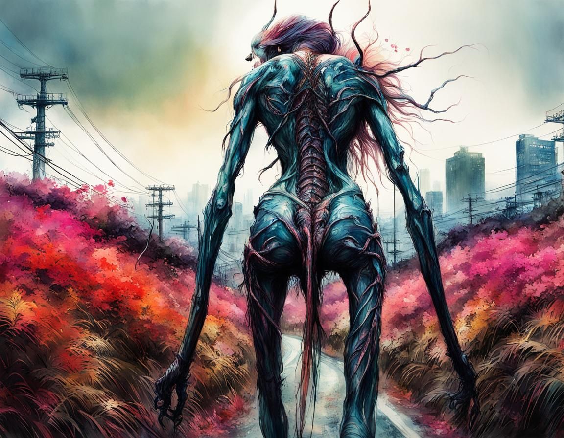 Macabre Body Horror Monster in Tokyo Neon Wasteland