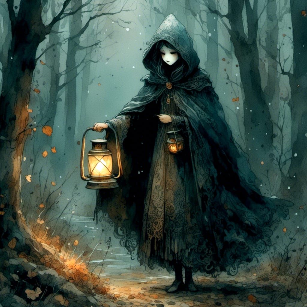 Masked Figure with Lantern at Woods Edge