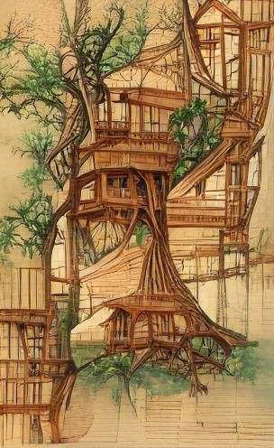 Fantasy Treehouses Sketch in Da Vinci Style