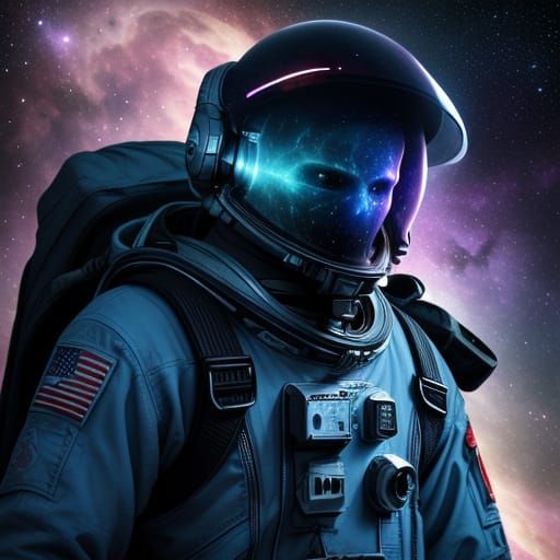 Astronaut Adrift in Cosmic Nebula with Galaxy Reflection