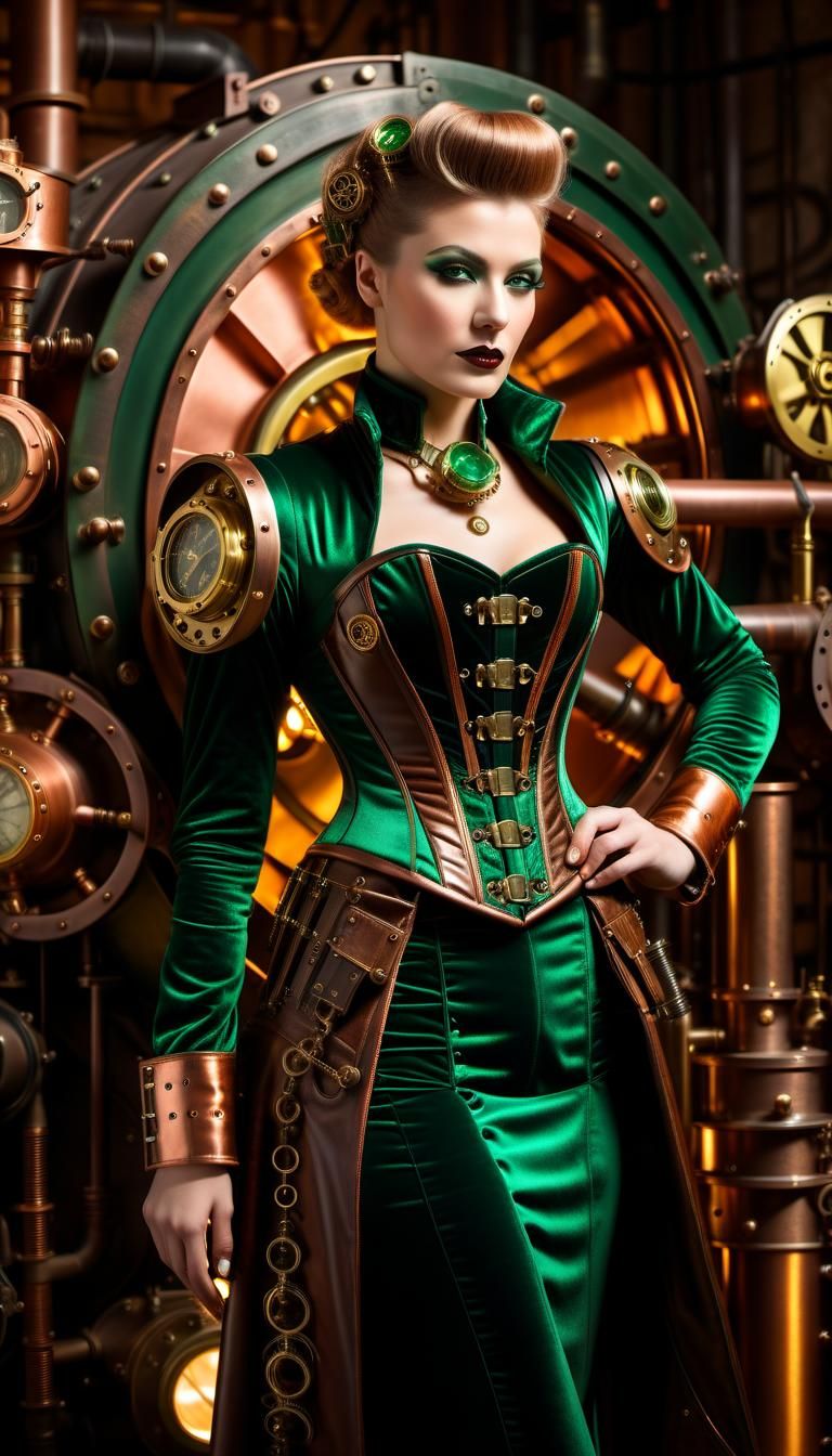 Dieselpunk Rococo Model in Steampunk Engine Room