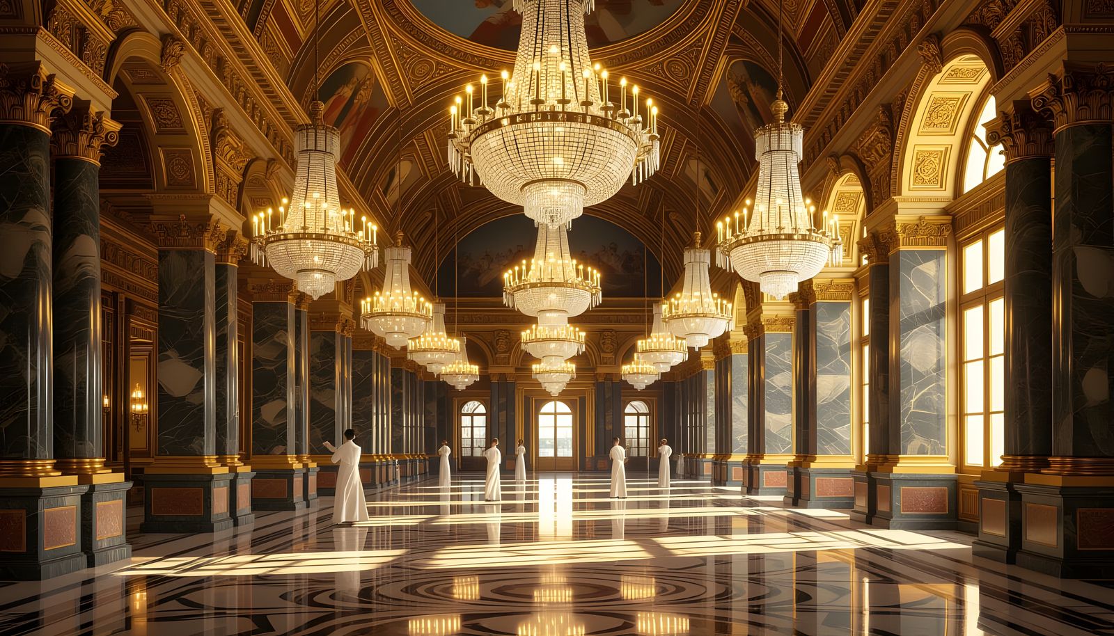 Grand Golden Palace Dome with Crystal Chandeliers and Jewele...
