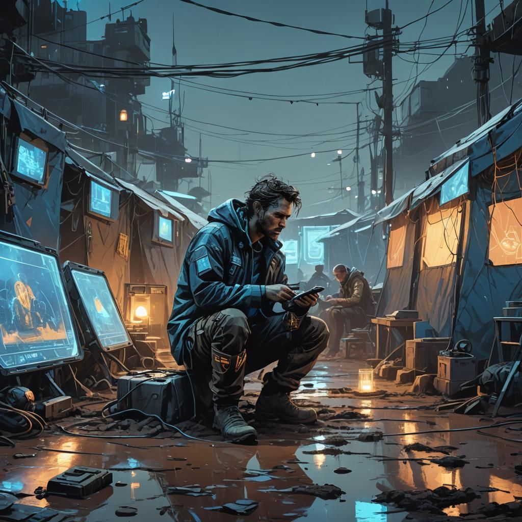 Cyberpunk Medtech in Nomad Camp: Neon-Infused Ink Wash