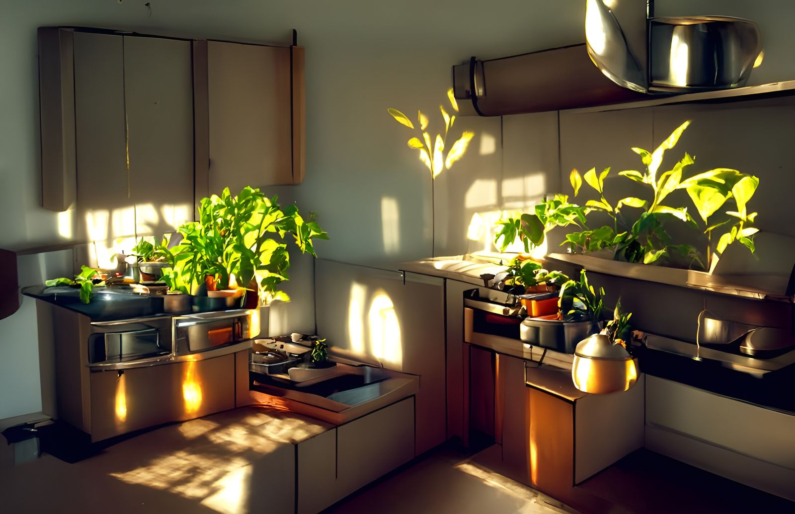 Warm, Plant-Filled Kitchen Bathed in Sunlight