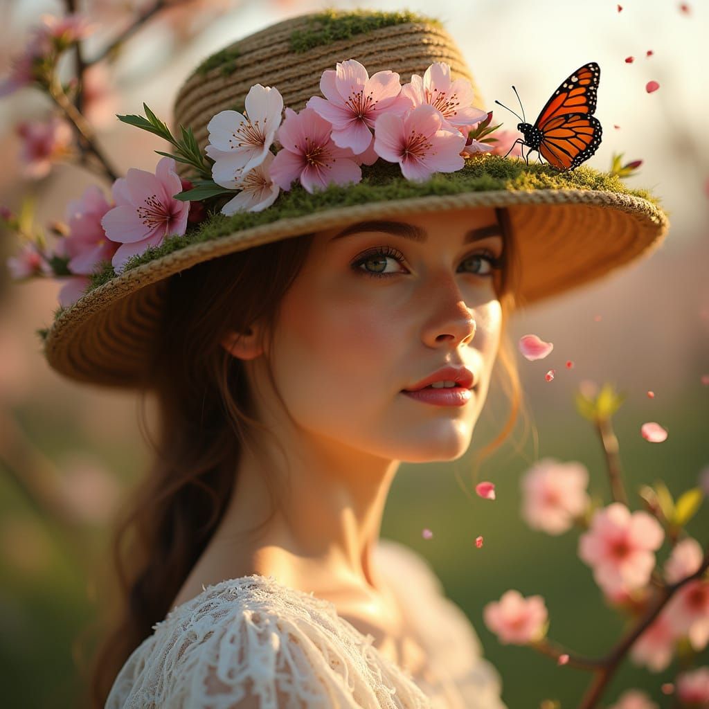 Beautiful Woman in Cherry Blossom Hat, Golden Hour Light