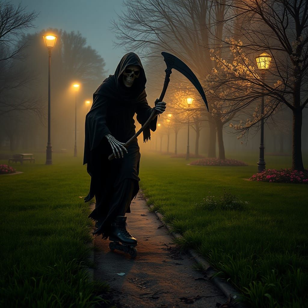 Grim Reaper Rollerblading in Misty Park at Dusk