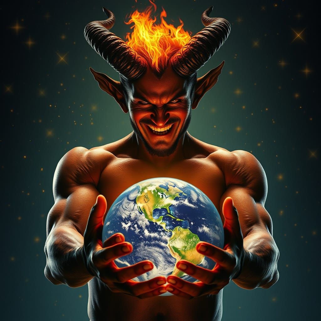 Demon Holds Earth in Fiery Night Sky