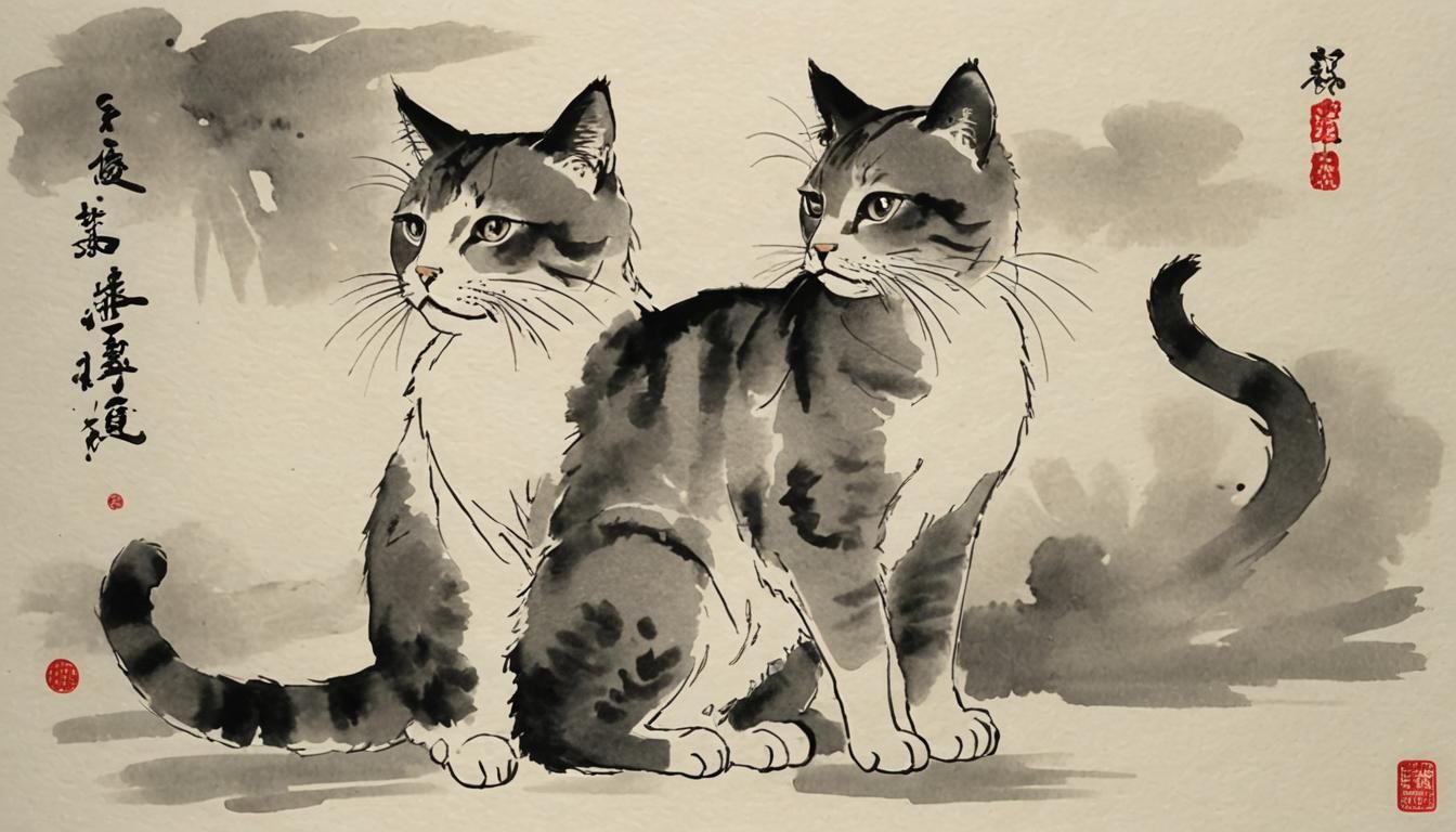 Japanese Sumi-e Ink Painting of Cat Looking Back