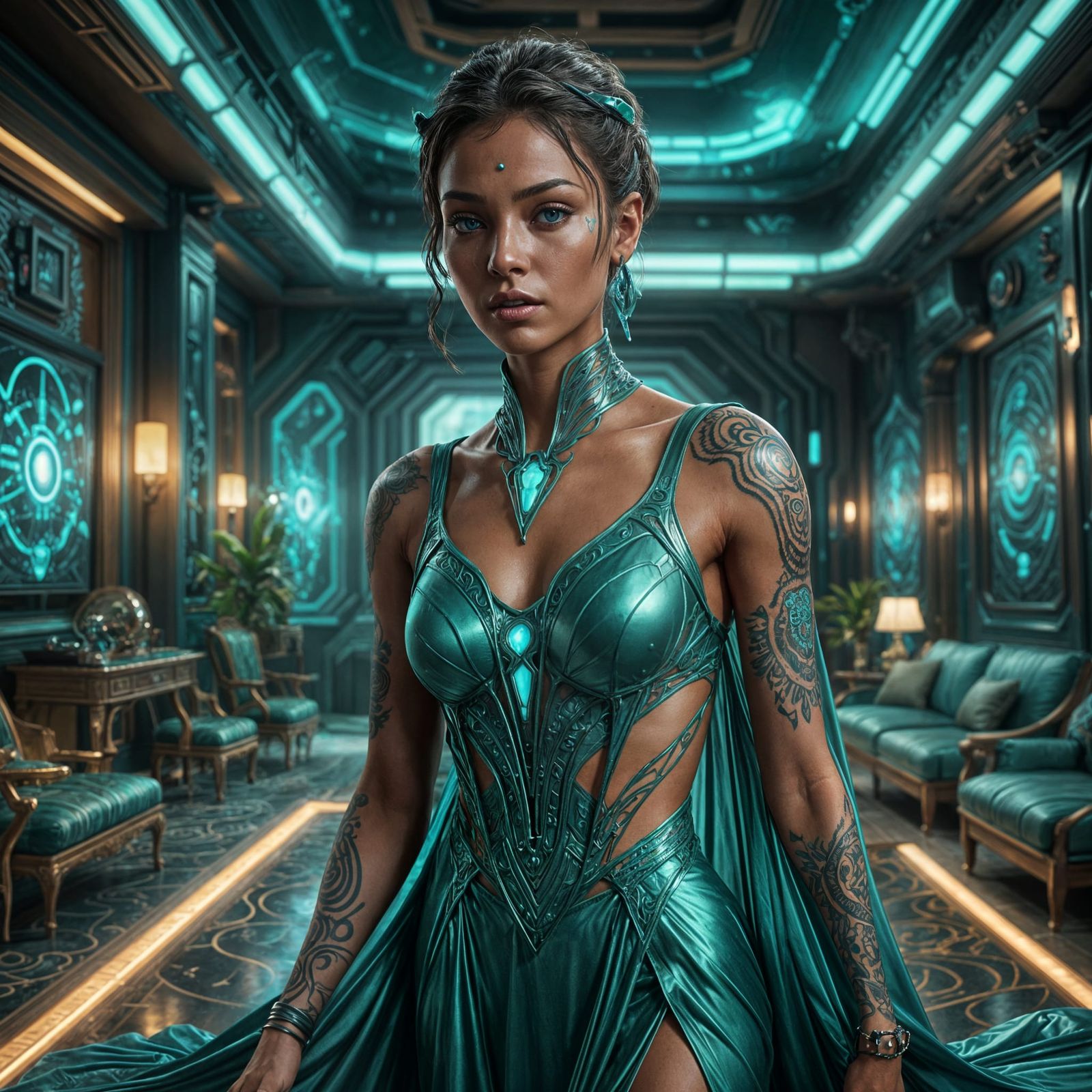 Beautiful Alien Woman in Teal Gown, Fantasy Art