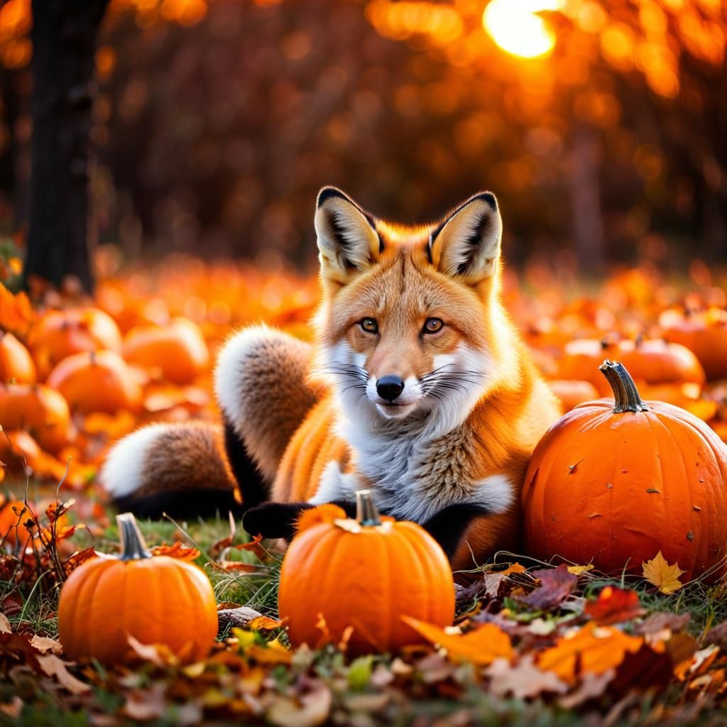 Fox Relaxing by Pumpkin in Autumn Sunset