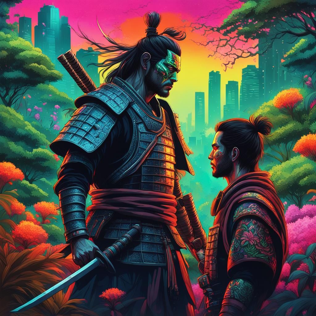 Samurai Face-Off in Neon Jungle Cityscape