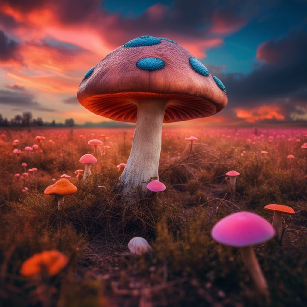 Magical Flowery Landscape with Giant Mushrooms
