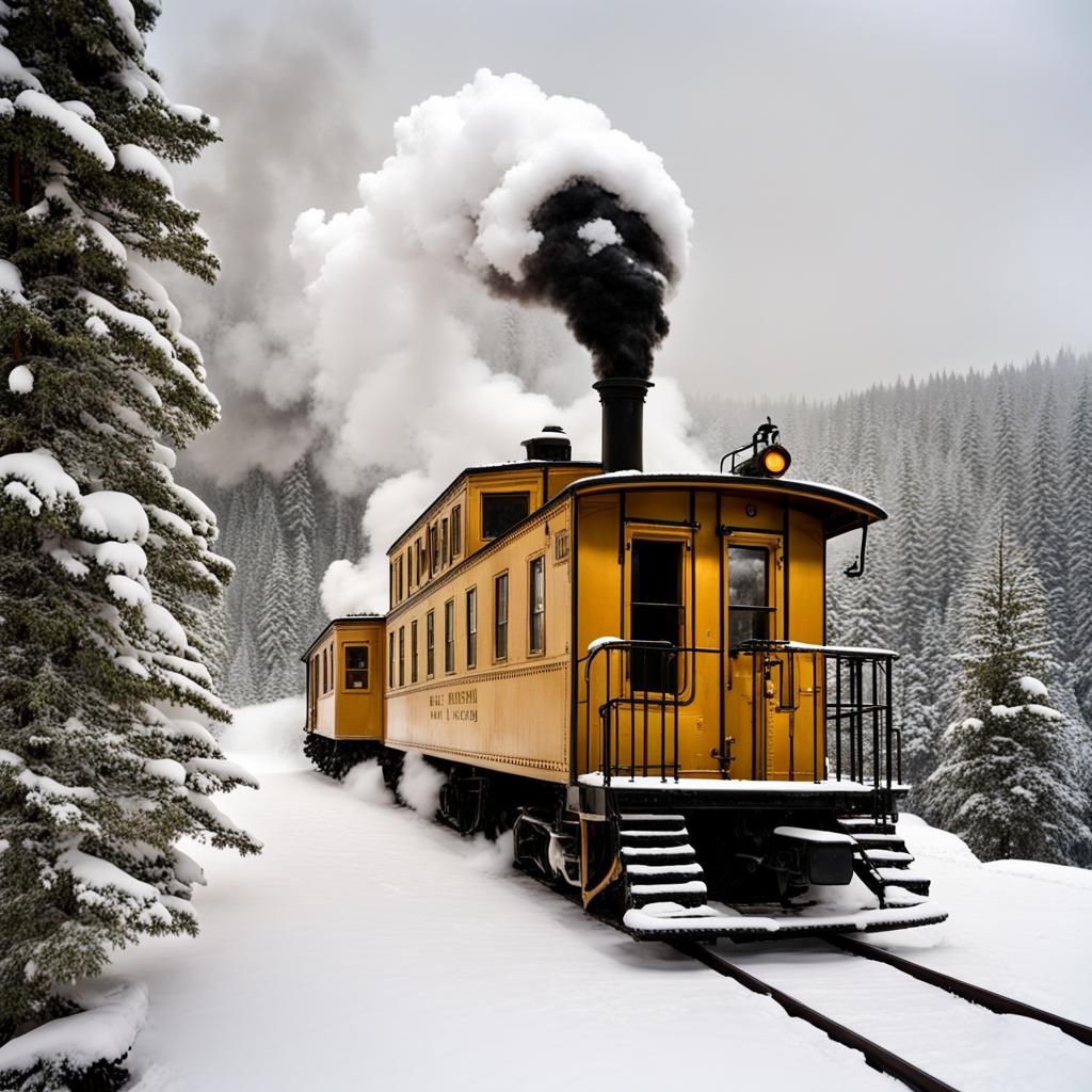 Golden Train Caboose in Winter Landscape