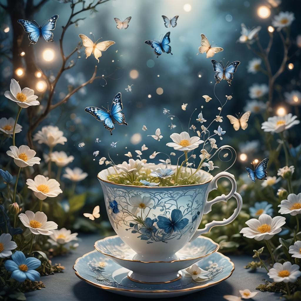 Floating Teacup in Misty Moonlit Garden