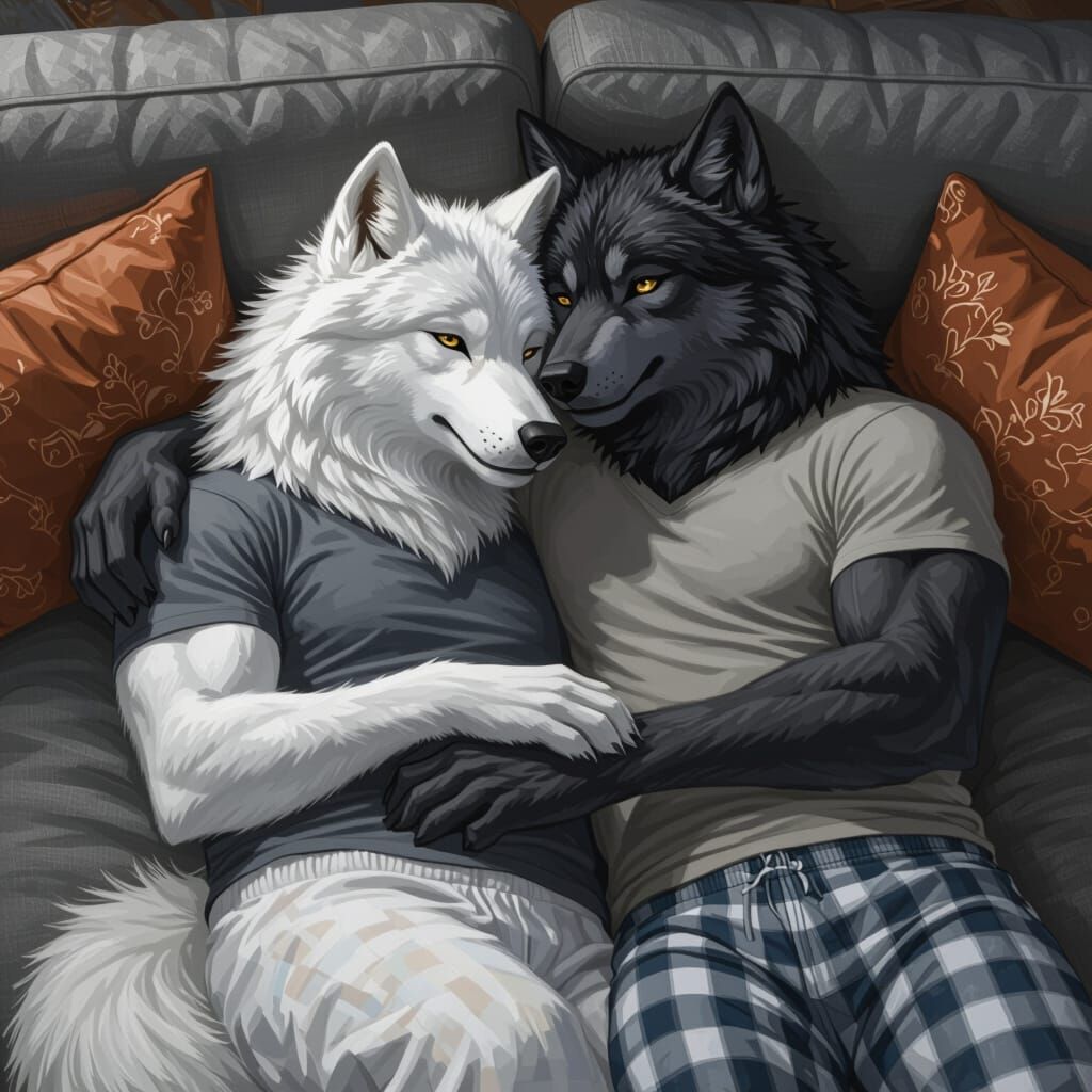 Muscular Wolves Cuddle on Couch in Detailed Matte Painting S...