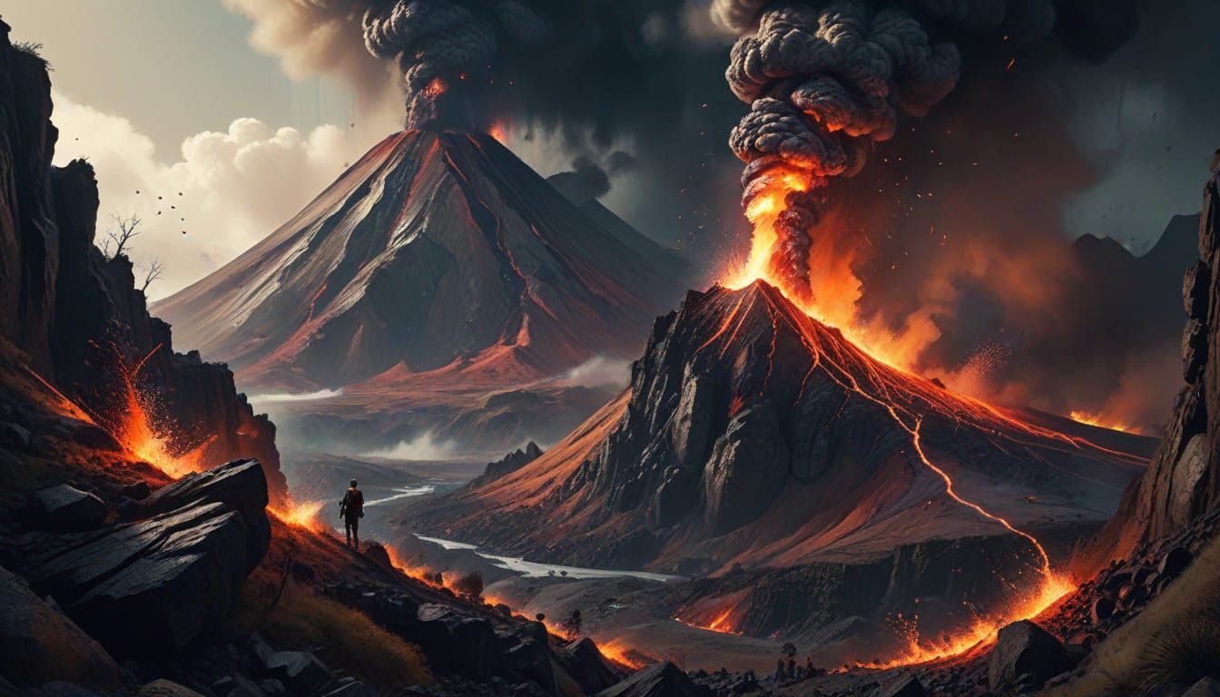 Volcanic Eruption: Cel-Shaded Landscape in Deep Colors