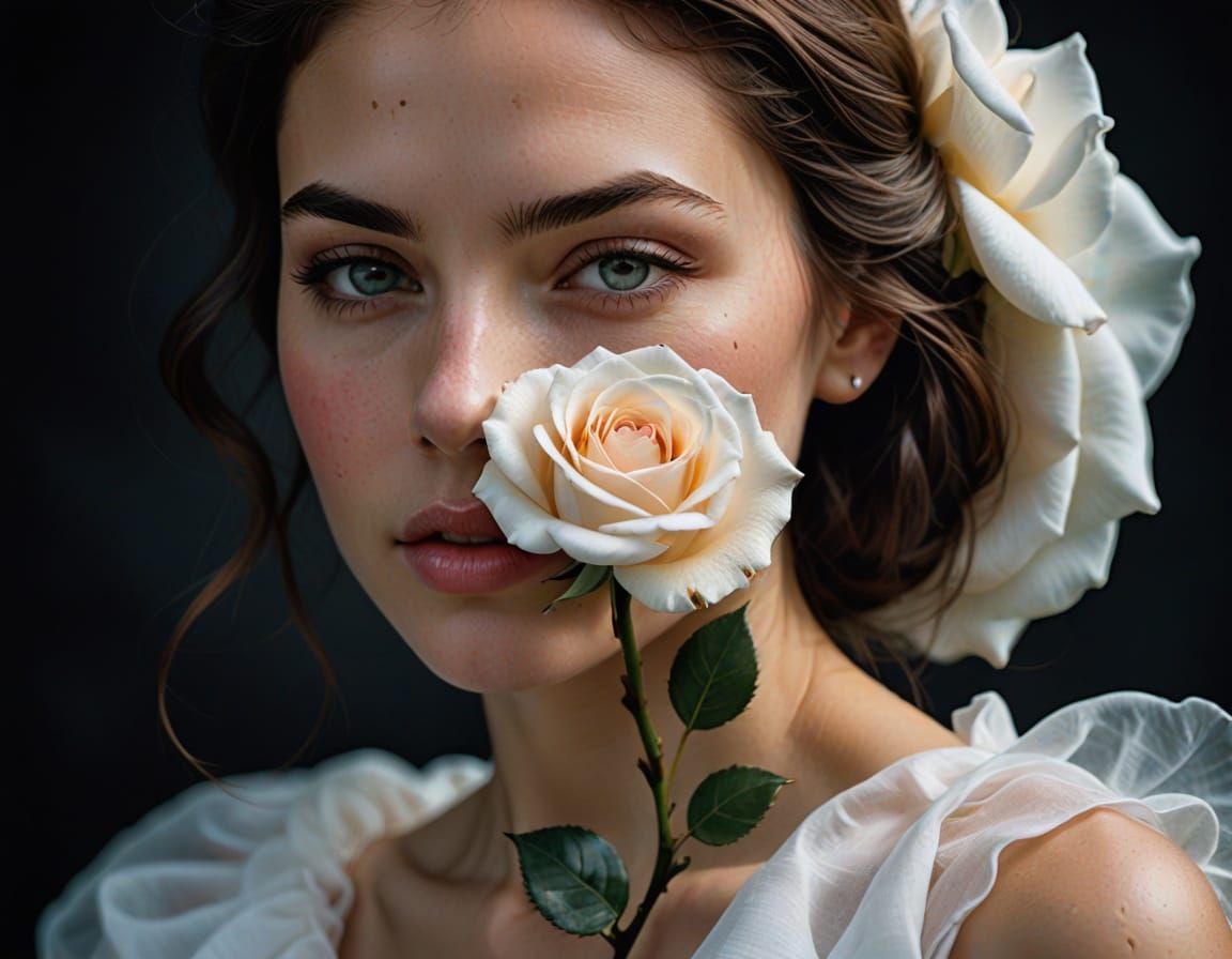 Hyper-Realistic Woman in Elegant White Gown