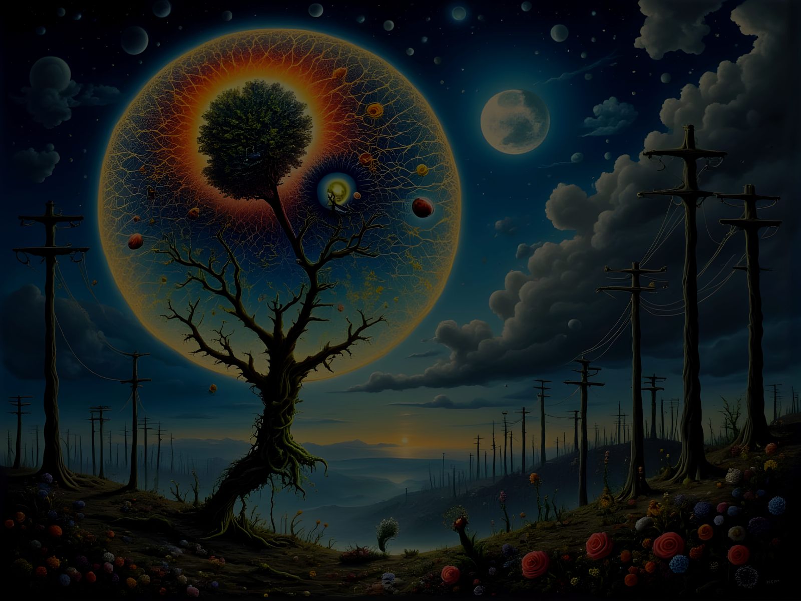 Surreal Fractal Mindscape with Electric Trees and Moonlit Fl...