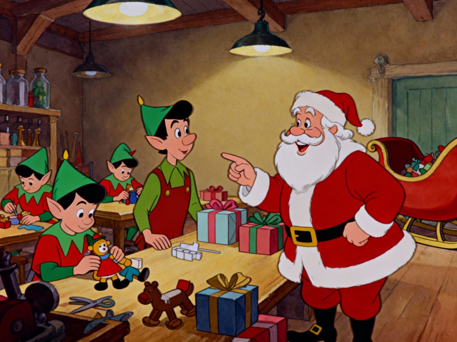 Cozy Toy Factory with Elves and Santa in 1940s Cartoon Style