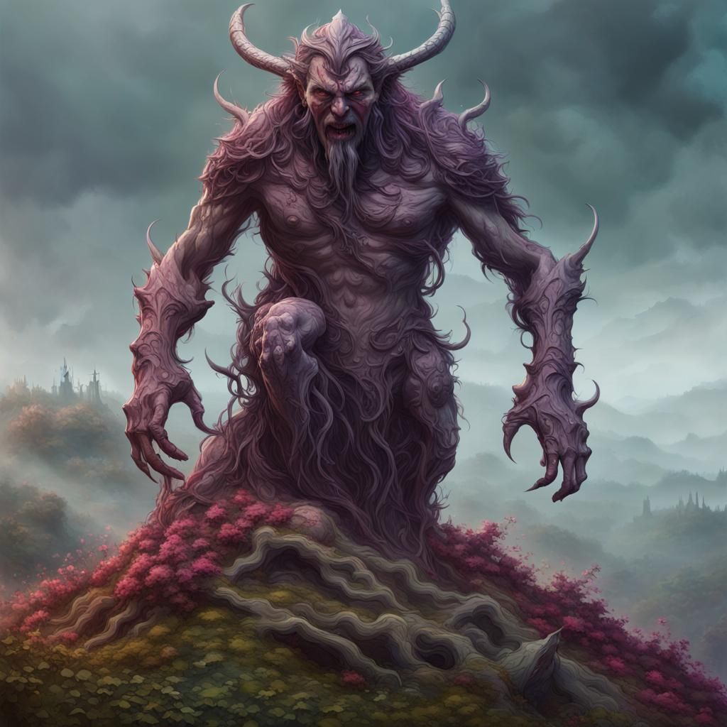Giant Demonic Statue on Misty Hillside