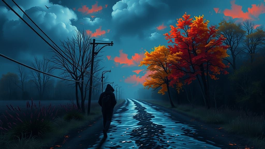 Sorrowful Soul Walks the Dark Path in Pointillism Style