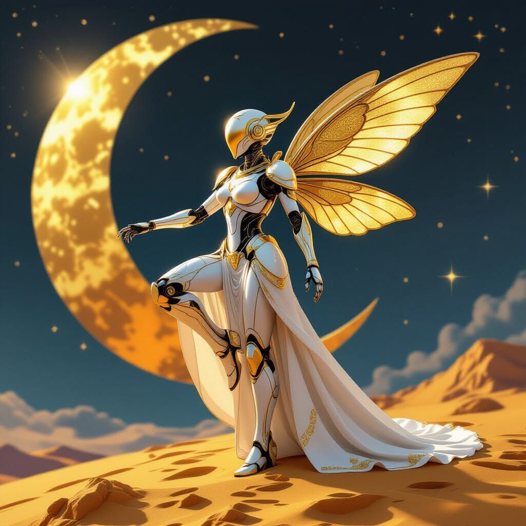 Robot Woman Lands on Golden Moon