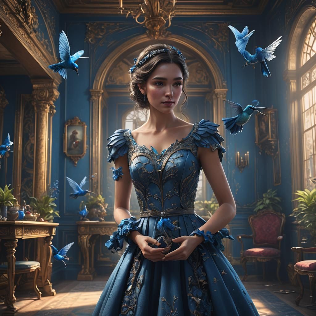 Girl Holding Hummingbird: Detailed Matte Painting