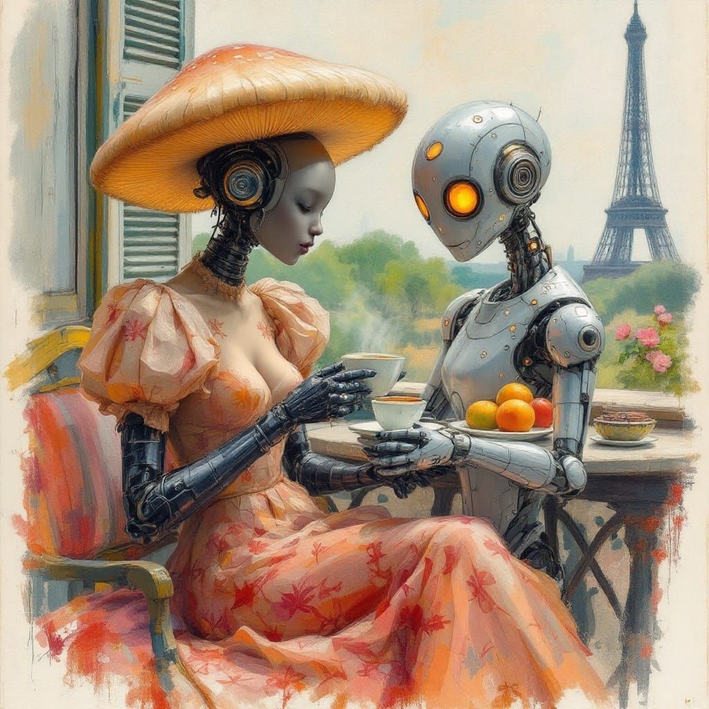 Surreal Robot Sips Tea in Parisian Boudoir