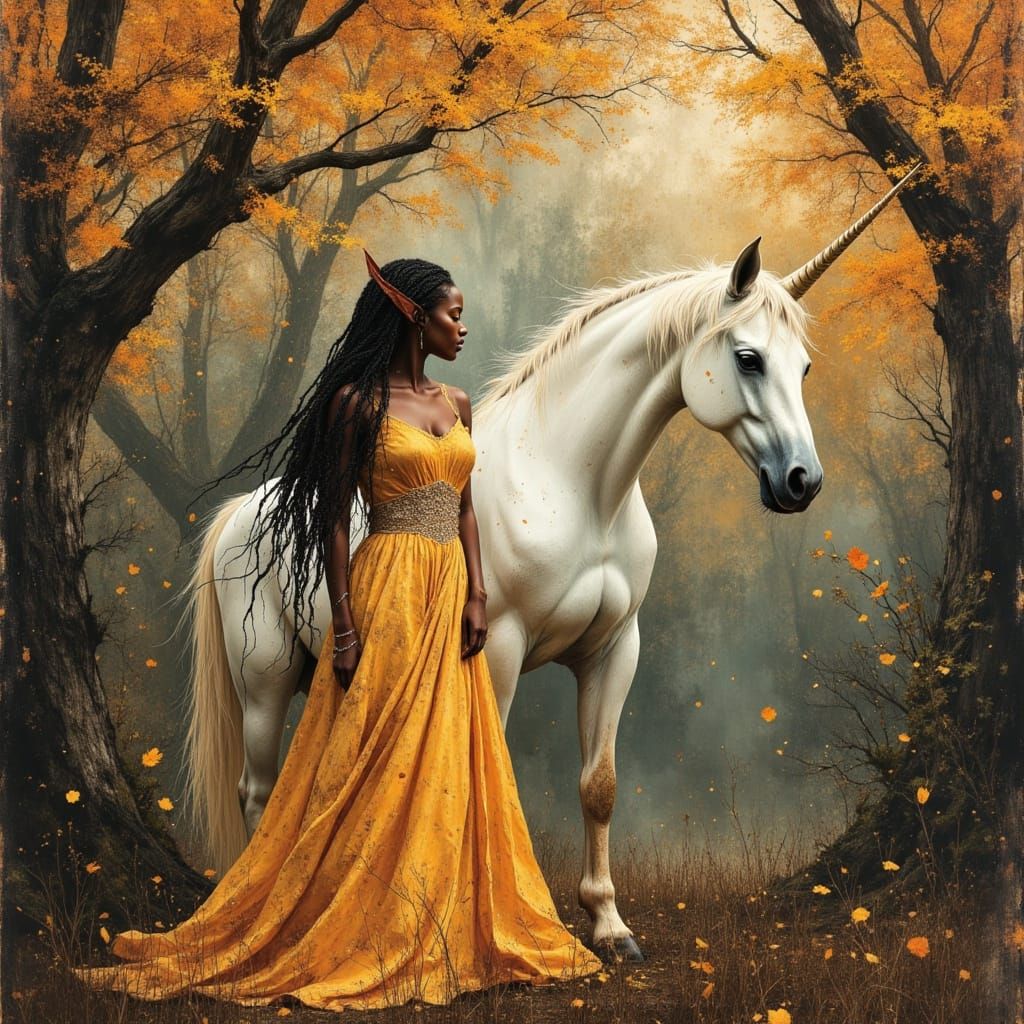 Model Beside Unicorn in Haunted Autumn Forest