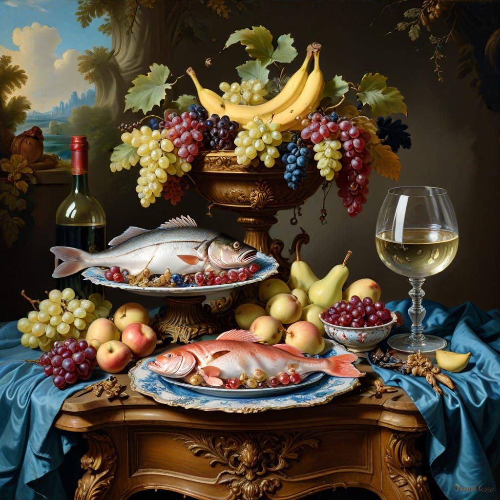 Rococo Still Life Painting of Wine, Grapes, Fish, and Fruit