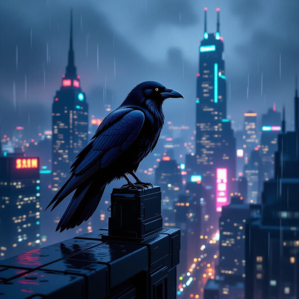 Chrome Raven on Futuristic Skyscraper in Neon City