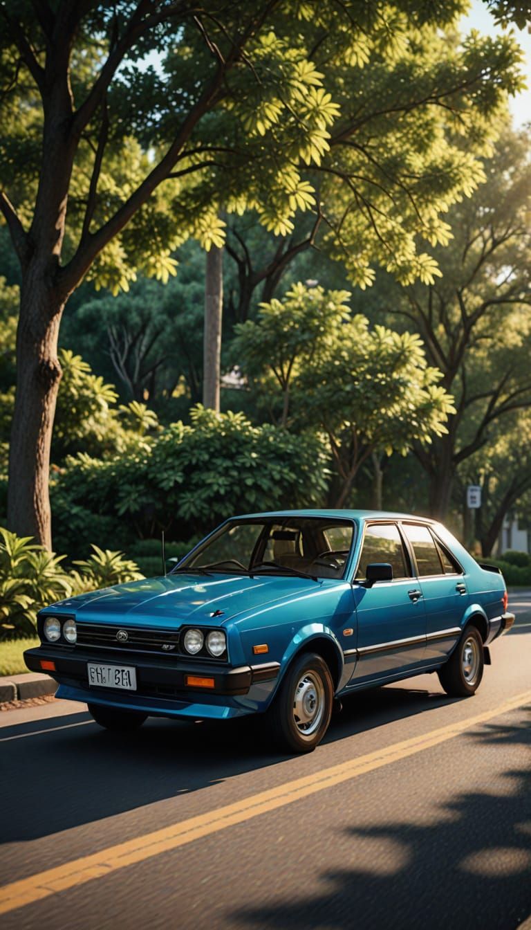 Retro-Futuristic Metallic Blue 1980 Toyota Corolla in a Sun-...