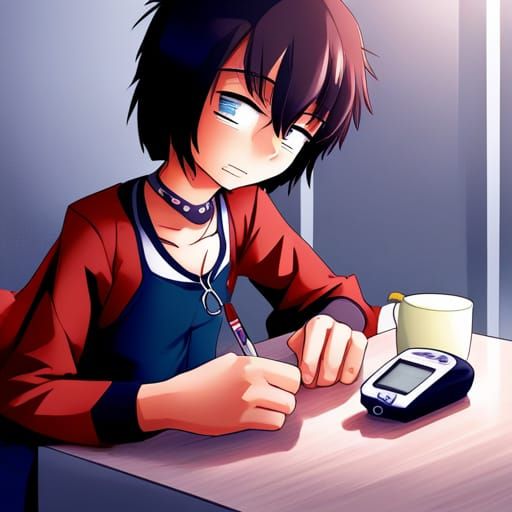 Student Checks Blood Sugar: Anime Style Illustration