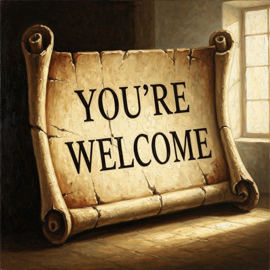 Ancient Oil Scroll Sign Reads 'You're Welcome'